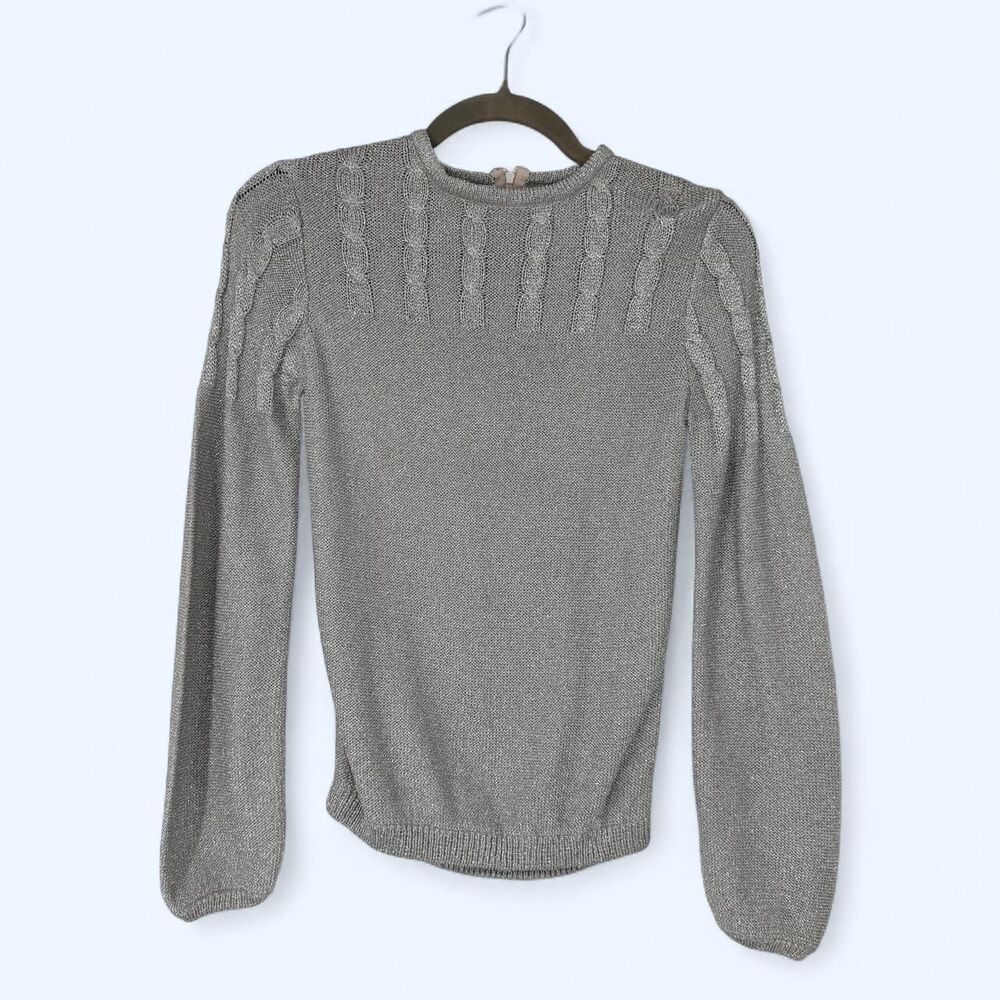 Silver Metallic Cable Knit Sweater Crew Neck Back Zipper Pullover The Shards '85
